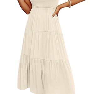 MEROKEETY Women's Casual Midi Dress Flutter Sleeve V Neck Smocked Tiered